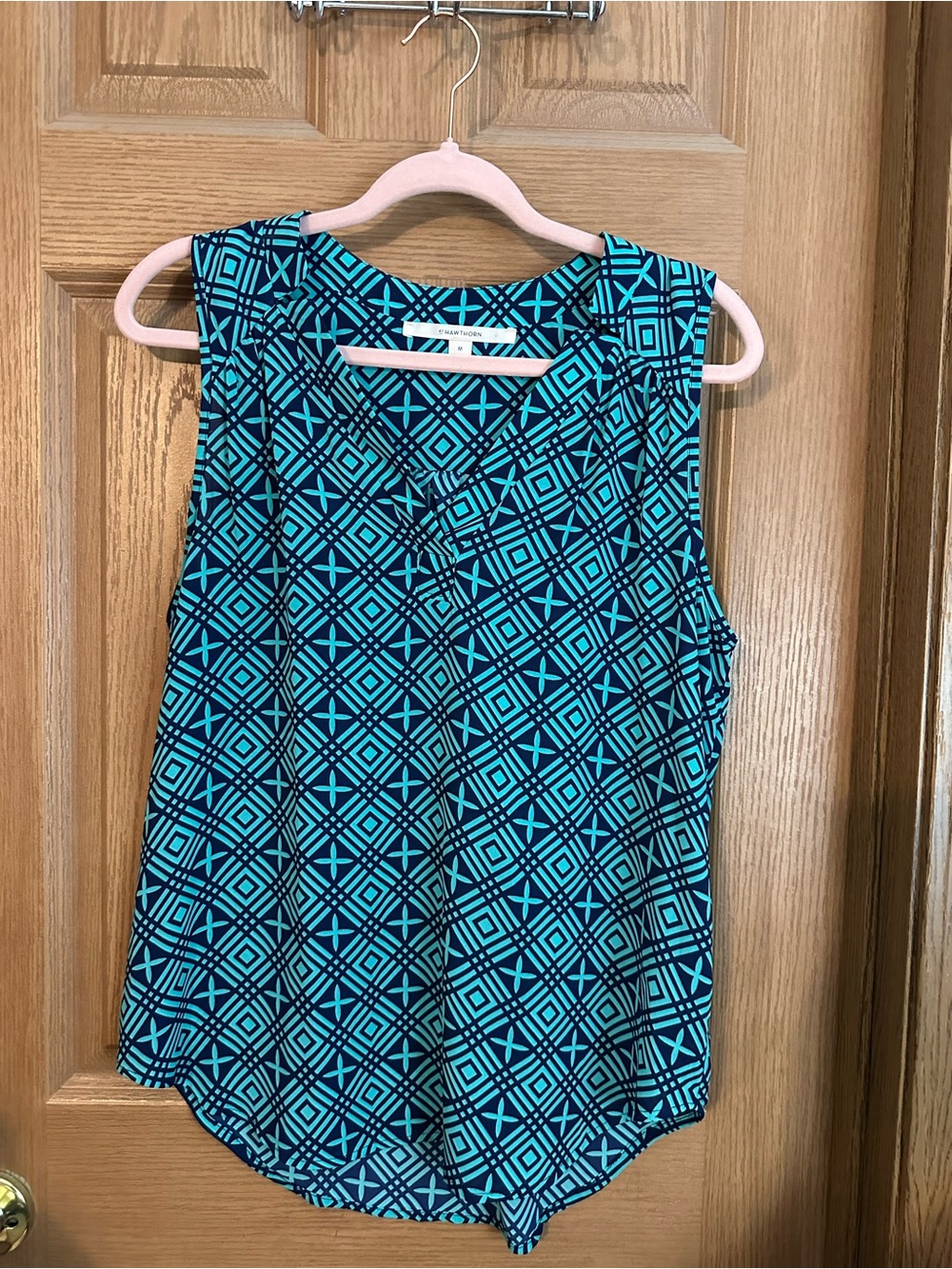 STITCH FIX- Hawthorne Sleeveless Geometric Print Top in Teal and Navy